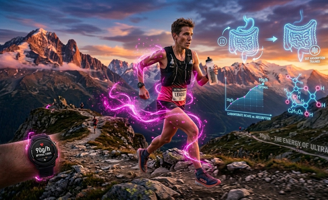 Coureur d'ultra-trail en montagne avec des hologrammes bleus montrant l'absorption intestinale et des particules d'énergie