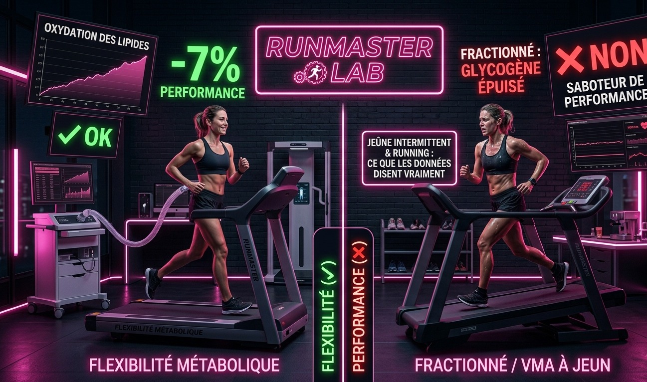 omparatif visuel en laboratoire : à gauche une runneuse en zone de flexibilité métabolique (OK), à droite une runneuse en difficulté sur séance intense (NON), avec néons roses et data.
