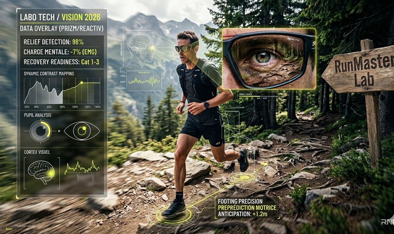 Analyse technologique d'un coureur de trail avec un overlay de données biométriques (charge mentale, relief, pupillométrie) et un panneau en bois RunMaster Lab en arrière-plan.