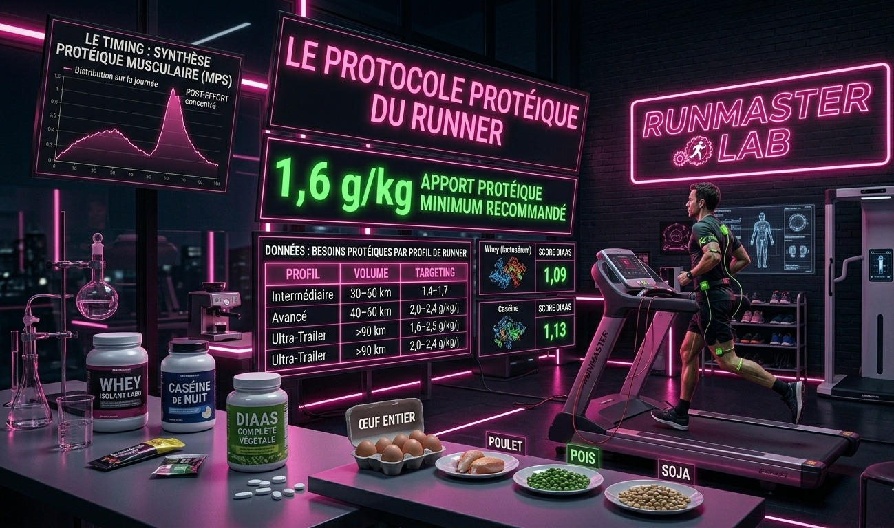 protocole protéines pour coureurs. Runner sur tapis, données (1,6g/kg, profils), compléments et aliments (Whey, œufs, poulet).