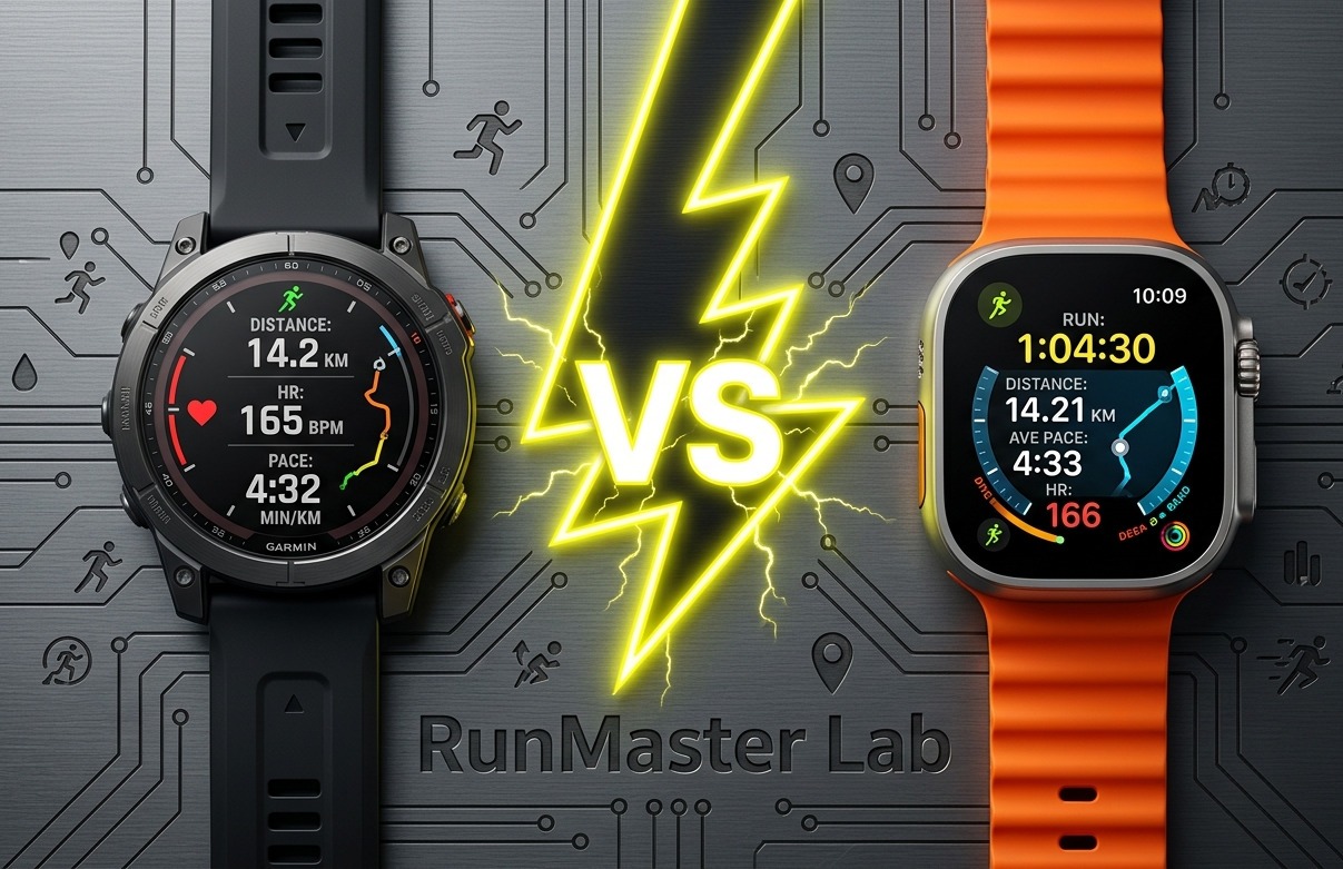 Comparatif visuel des traces GPS Bi-Bande L1+L5 de la Garmin Fenix 8 et de l'Apple Watch Ultra 3 lors du test RunMaster 2026.