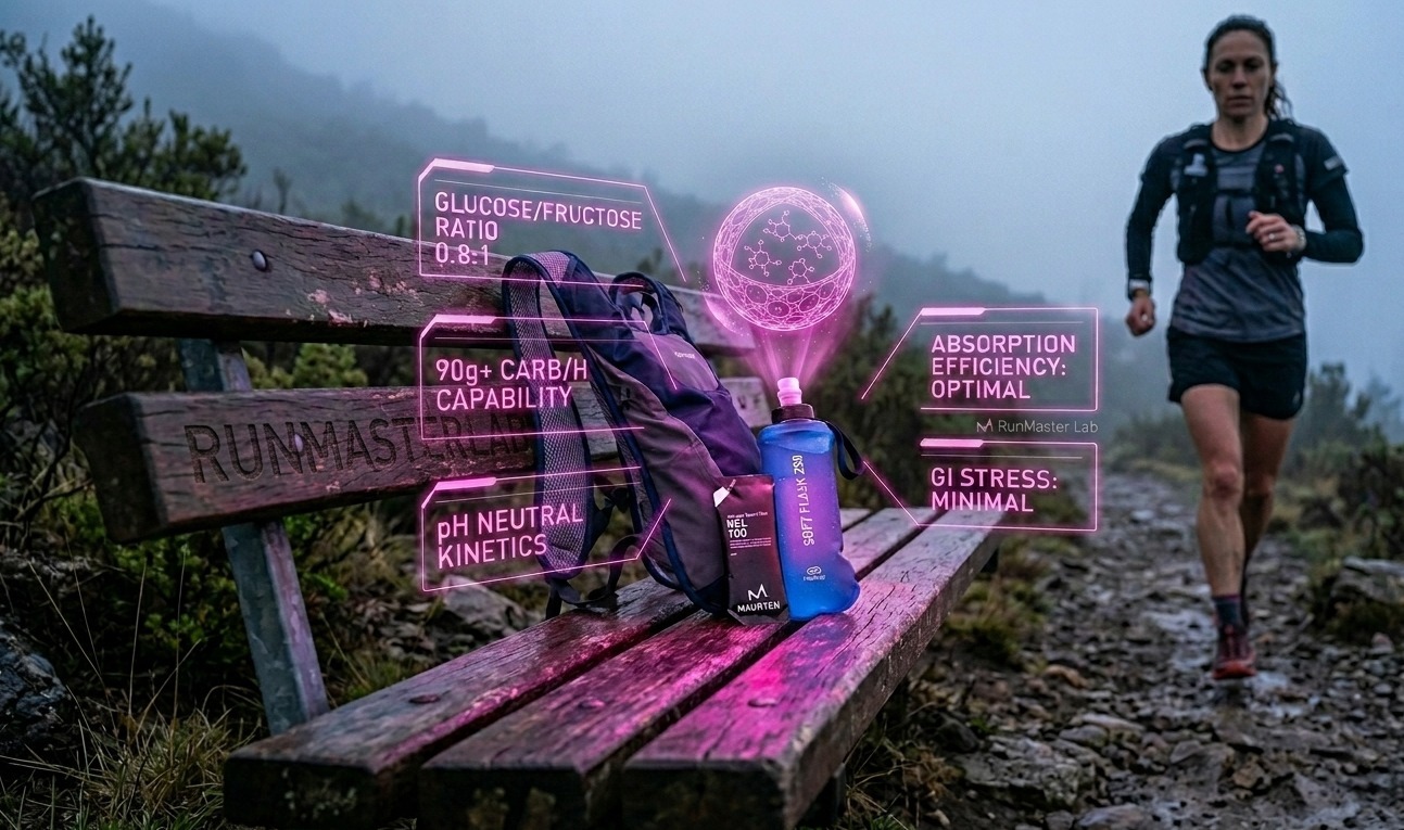 Un coureur approche d'un banc sur un sentier brumeux où sont posés son sac, une gourde souple et un sachet d'hydrogel