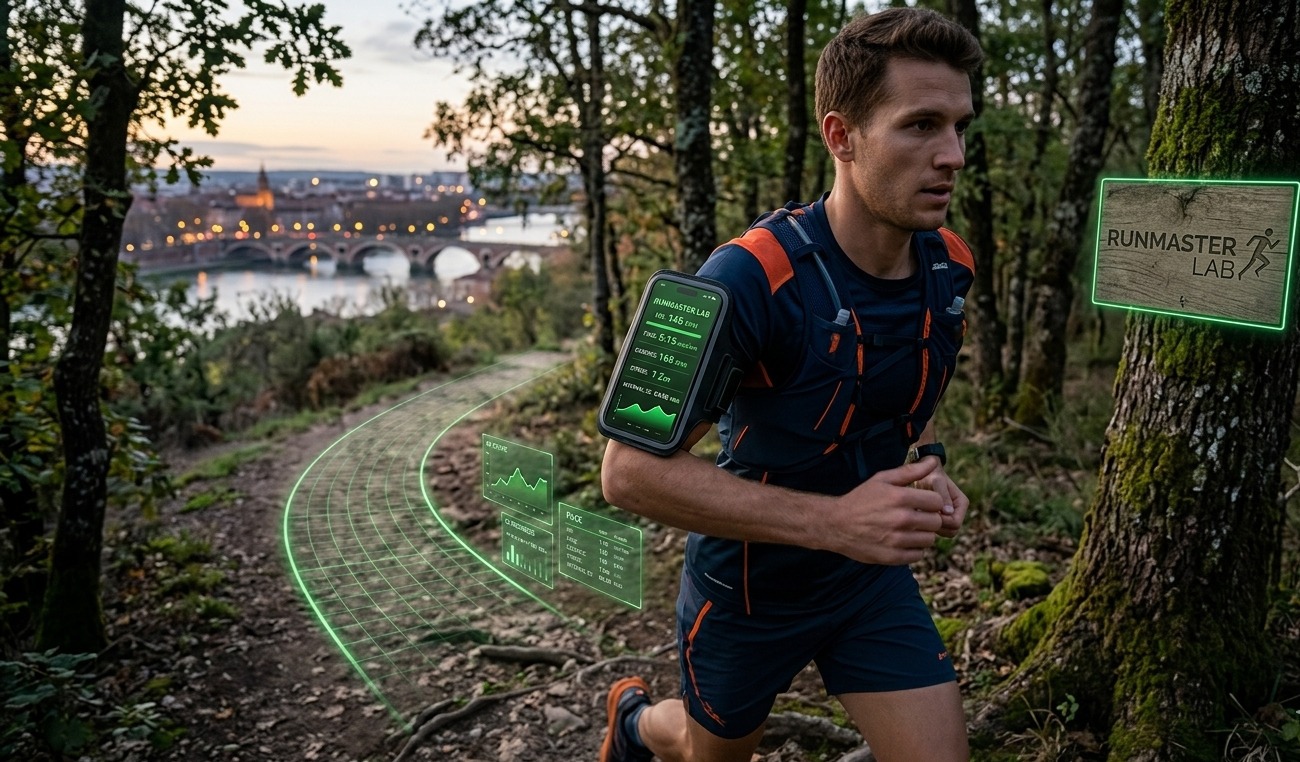 Un coureur de trail en action sur un sentier en forêt, avec un brassard connecté affichant des données en vert (FC 145, allure 5:15). En arrière-plan, une vue panoramique de Toulouse et de la Garonne au crépuscule. Un panneau néon vert sur un arbre indique « RUNMASTER LAB ».