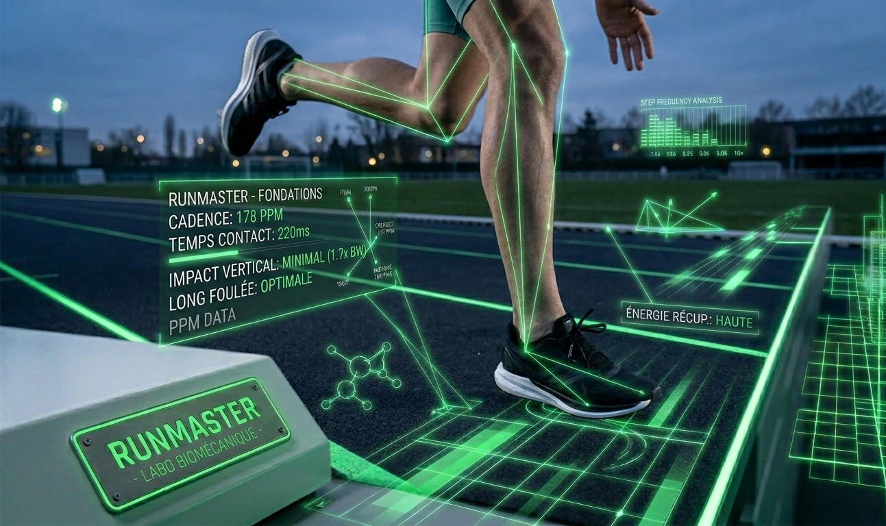 Analyse biomécanique de la foulée d'un coureur, affichant en surimpression la fréquence de 176 pas par minute (PPM) et la zone d'impact vertical (Minimal - 1.9x BW) pour guider l'efficacité chez le débutant