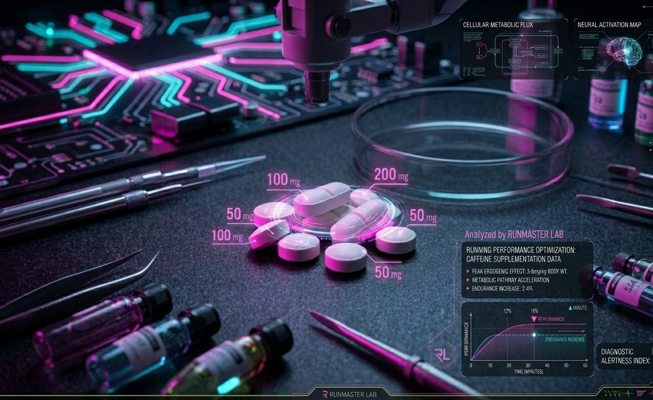 comprimés de caféine en laboratoire haute technologie avec overlays, affichant les dosages en mg et les courbes de performance pour le running