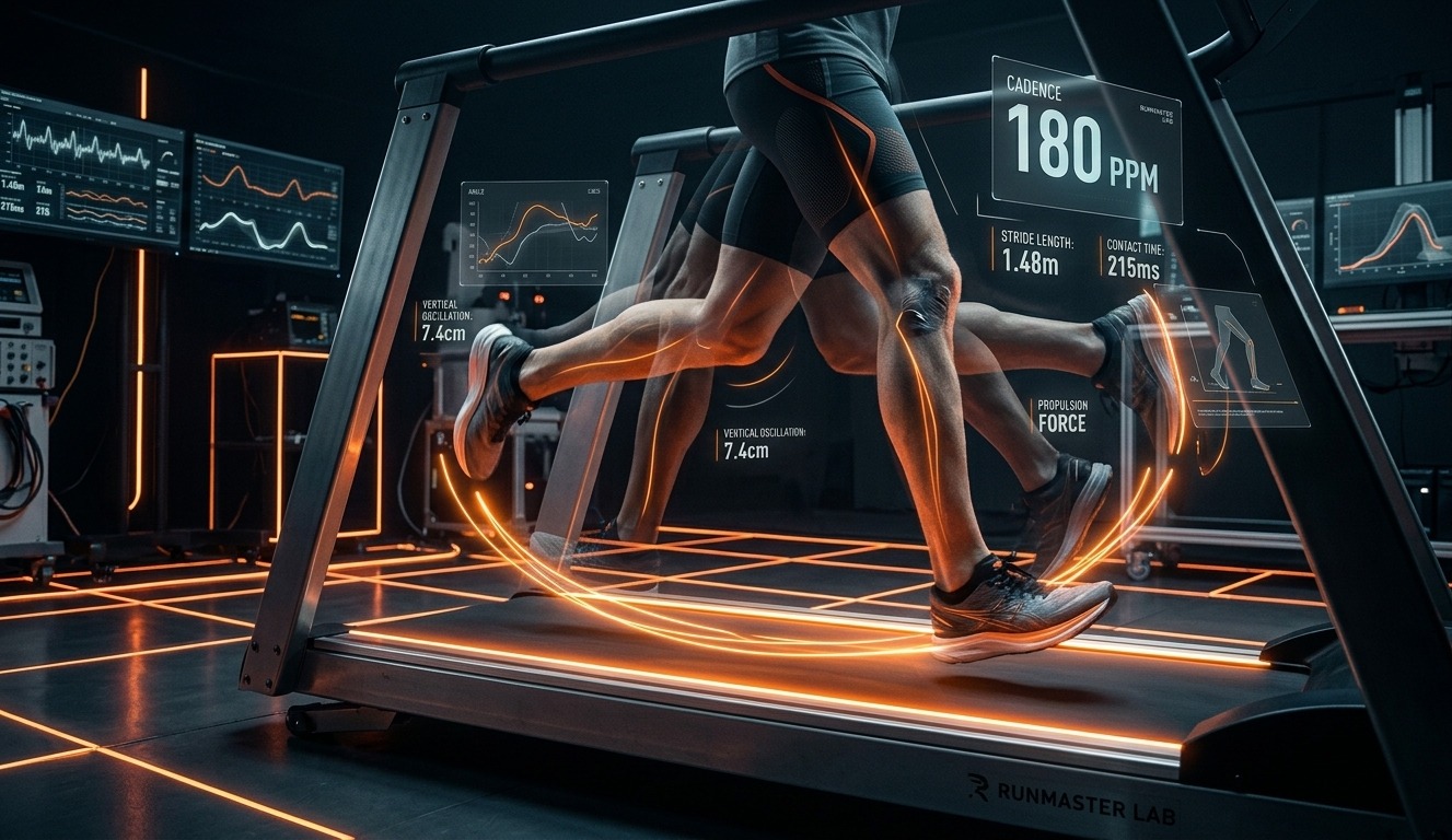 Analyse biomécanique de la foulée d'un coureur montrant la fréquence de pas (PPM) et l'amplitude avec des graphiques digitaux orange néon dans un laboratoire futuriste