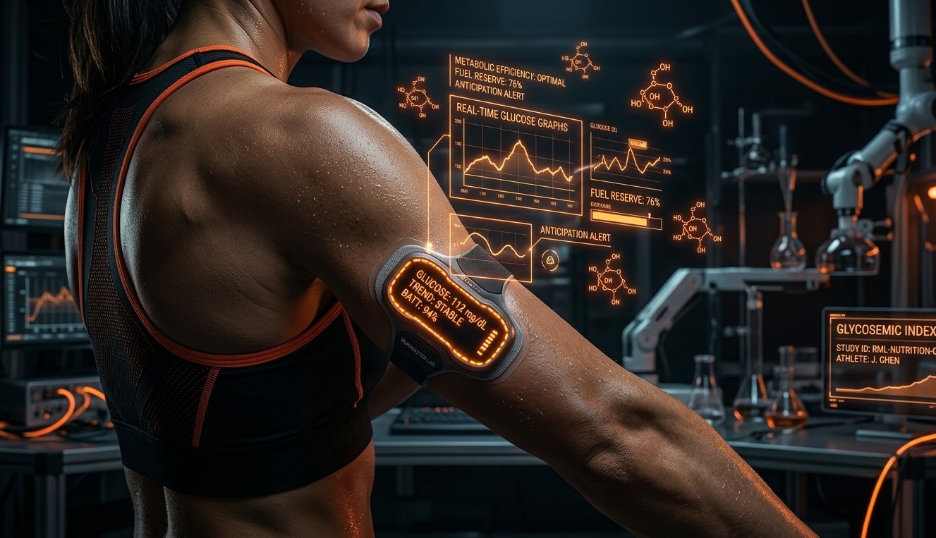 Gros plan d'un capteur de glucose CGM sur le bras d'un athlète dans un laboratoire avec des hologrammes de courbes de glycémie et de données nutritionnelles en orange néon, esthétique techwear