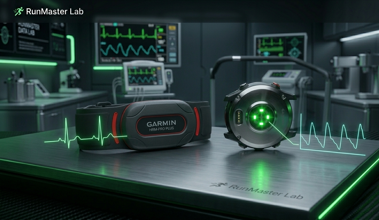 Comparatif visuel d'une ceinture thoracique HRM-Pro Plus et d'un capteur optique LED de montre de sport en test Labo RunMaster