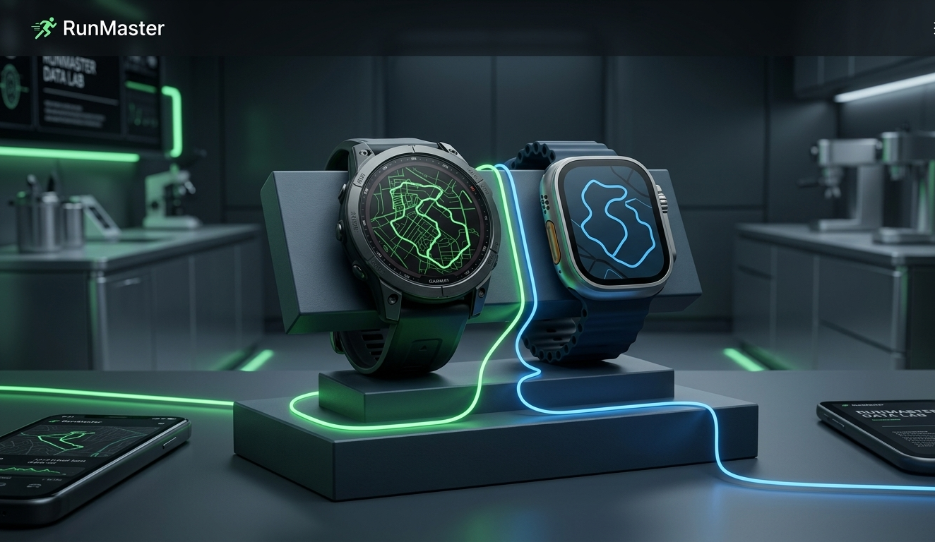 Comparatif visuel des traces GPS Bi-Bande L1+L5 de la Garmin Fenix 8 et de l'Apple Watch Ultra 3 lors du test RunMaster 2026.