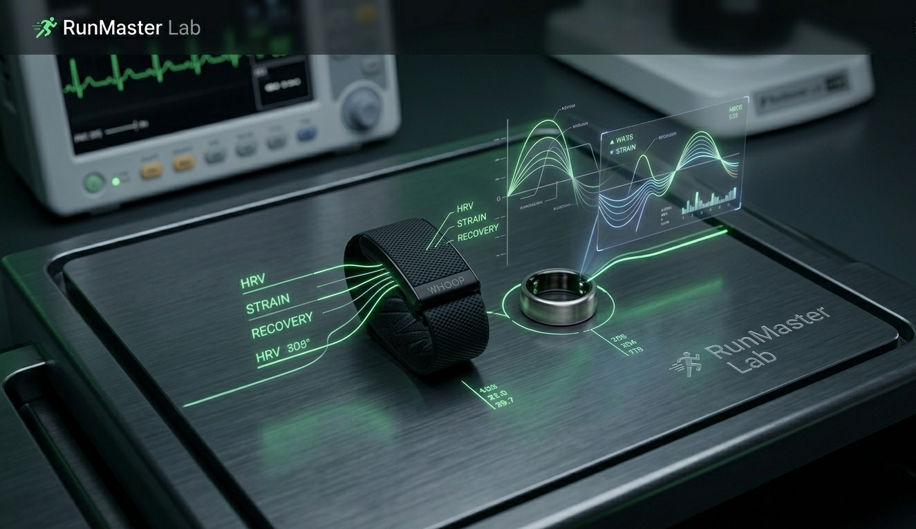 Analyse biométrique originale du bracelet Whoop 5.0 et de la bague Oura Ring 4, posés sur une surface de test dans le labo RunMaster.