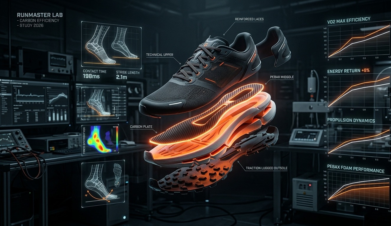 Vue en coupe technique d'une chaussure de running montrant la plaque de carbone en orange fluorescent dans un laboratoire biomécanique, avec graphiques d'analyse VO2 Max et données de performance pour l'économie de course.
