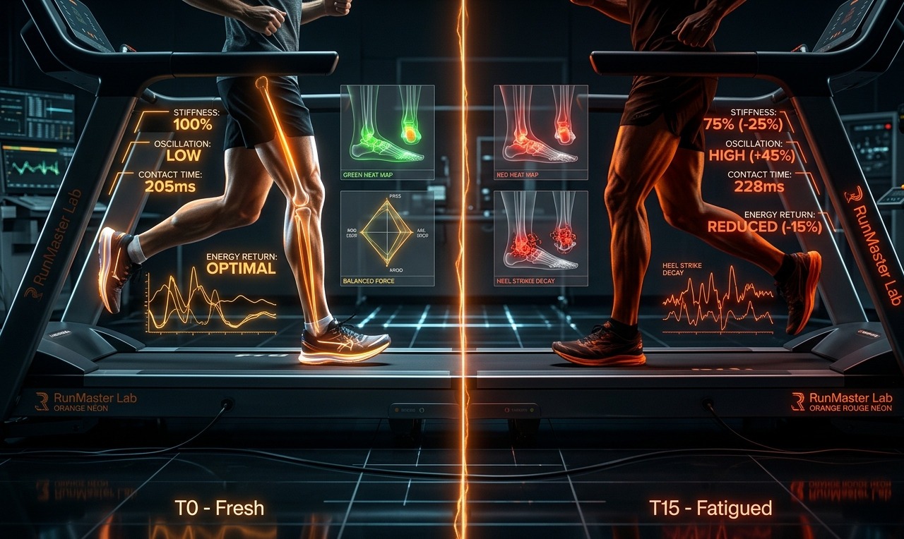 Analyse biomécanique comparative au RunMaster Lab montrant un athlète scindé : à gauche sa foulée saine à T0 avec données orange, à droite sa foulée effondrée après 15 heures d'ultra avec données orange sombre, montrant la dérive de stiffness tendineuse