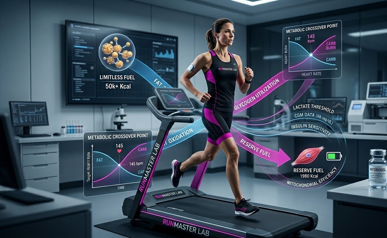 Coureuse d'élite monitorée en temps réel au RunMaster Lab pour illustrer la flexibilité métabolique.