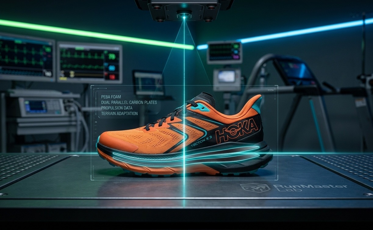 Analyse de la double plaque carbone et de la mousse PEBA sur la Hoka Tecton X 3 dans le labo RunMaster