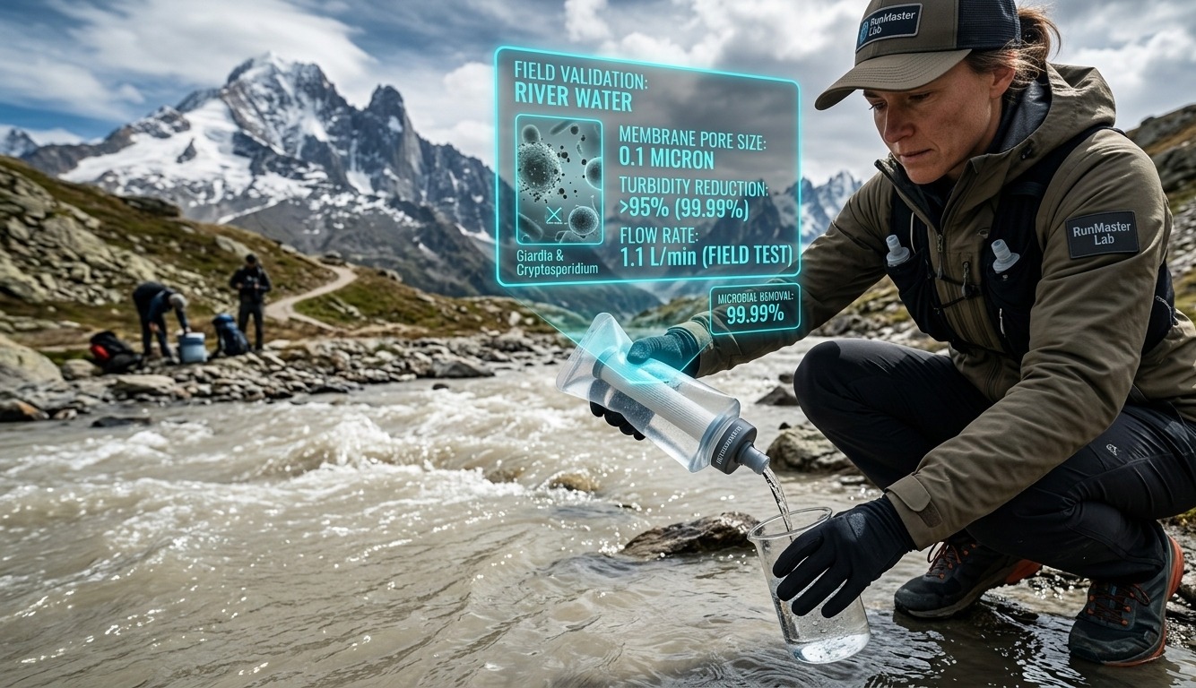 Validation terrain d'une flasque filtrante au RunMaster Lab montrant un expert analysant l'eau d'une rivière trouble en montagne