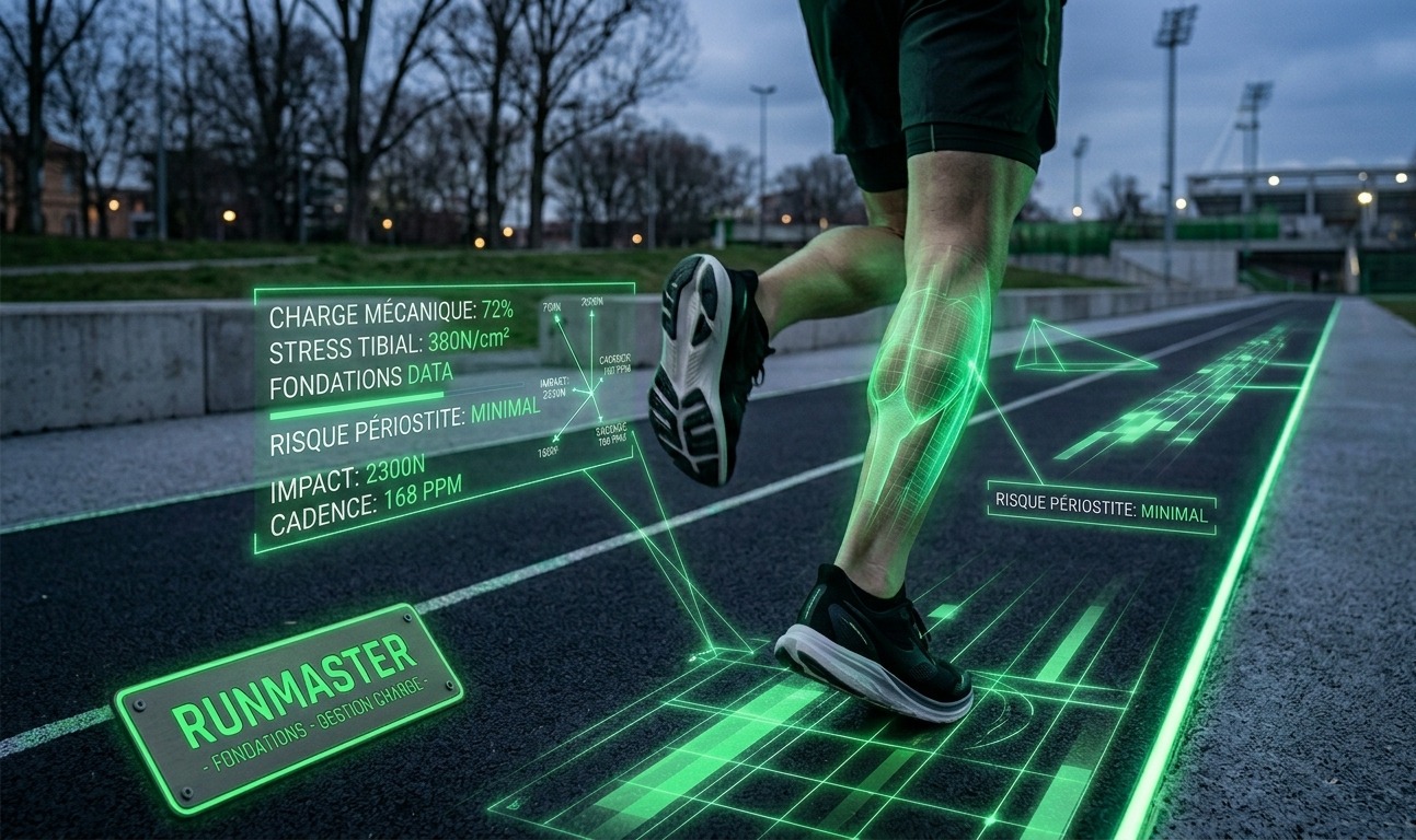 coureur sur piste au crépuscule, affichant en surimpression la 'Charge Mécanique' (72%) et la zone de stress tibial pour guider la progression progressive et prévenir la périostite chez le débutant.