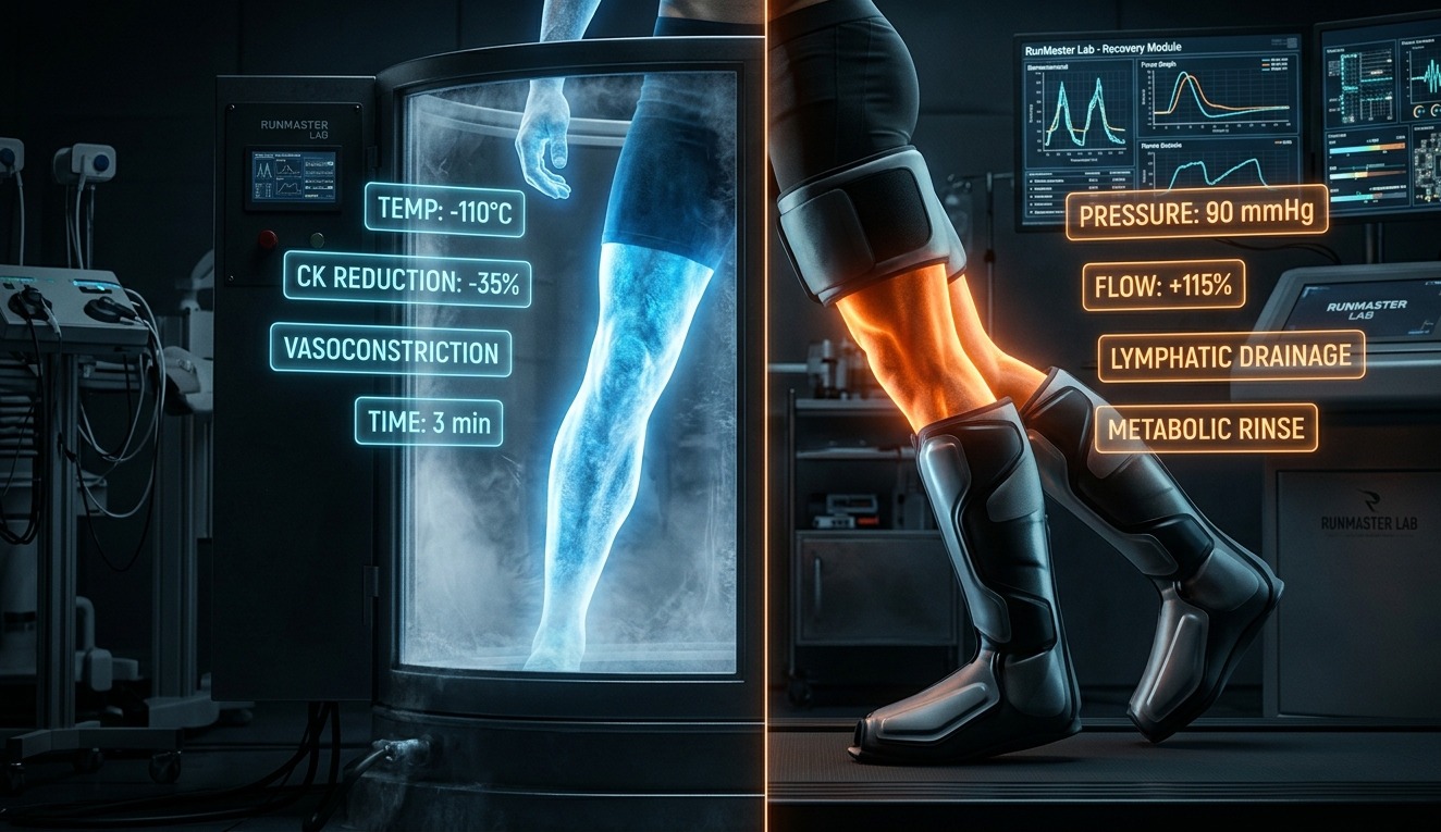 Analyse comparative de la récupération active au RunMaster Lab montrant un athlète scindé : à gauche la cryothérapie corps entier avec données bleues, à droite les bottes de compression pneumatique avec données orange néon et flux sanguin