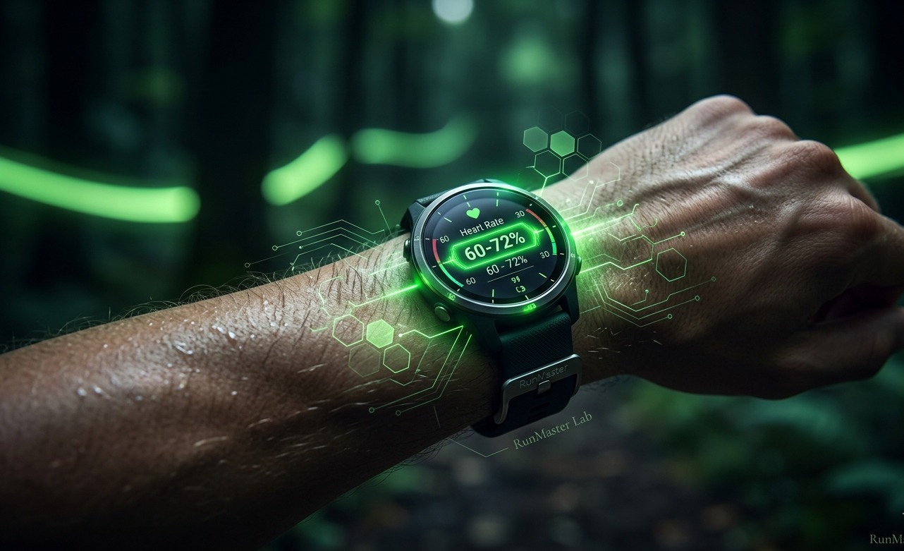 Gros plan d'une montre de running affichant les zones de fréquence cardiaque en vert électrique sur le poignet d'un coureur en forêt, style RunMaster Lab