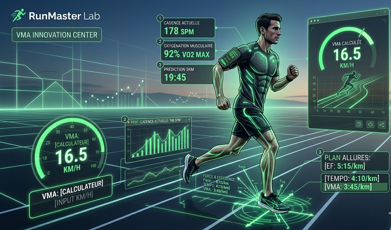 Infographie technique d'un coureur analysé par RunMaster Lab avec superpositions de données néon vert : compteur VMA à 16.5 km/h, mesure VO2 Max, et calculateur d'allures d'entraînement (EF, Tempo, Fractionné) sur une piste futuriste