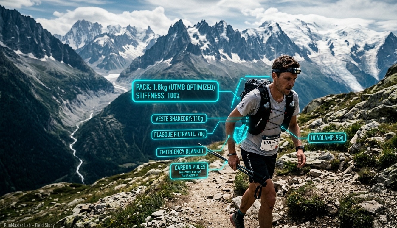 Photographie de reportage terrain au RunMaster Lab montrant un traileur en pleine montagne avec des hologrammes de scan cyan analysant le poids optimisé de son sac UTMB