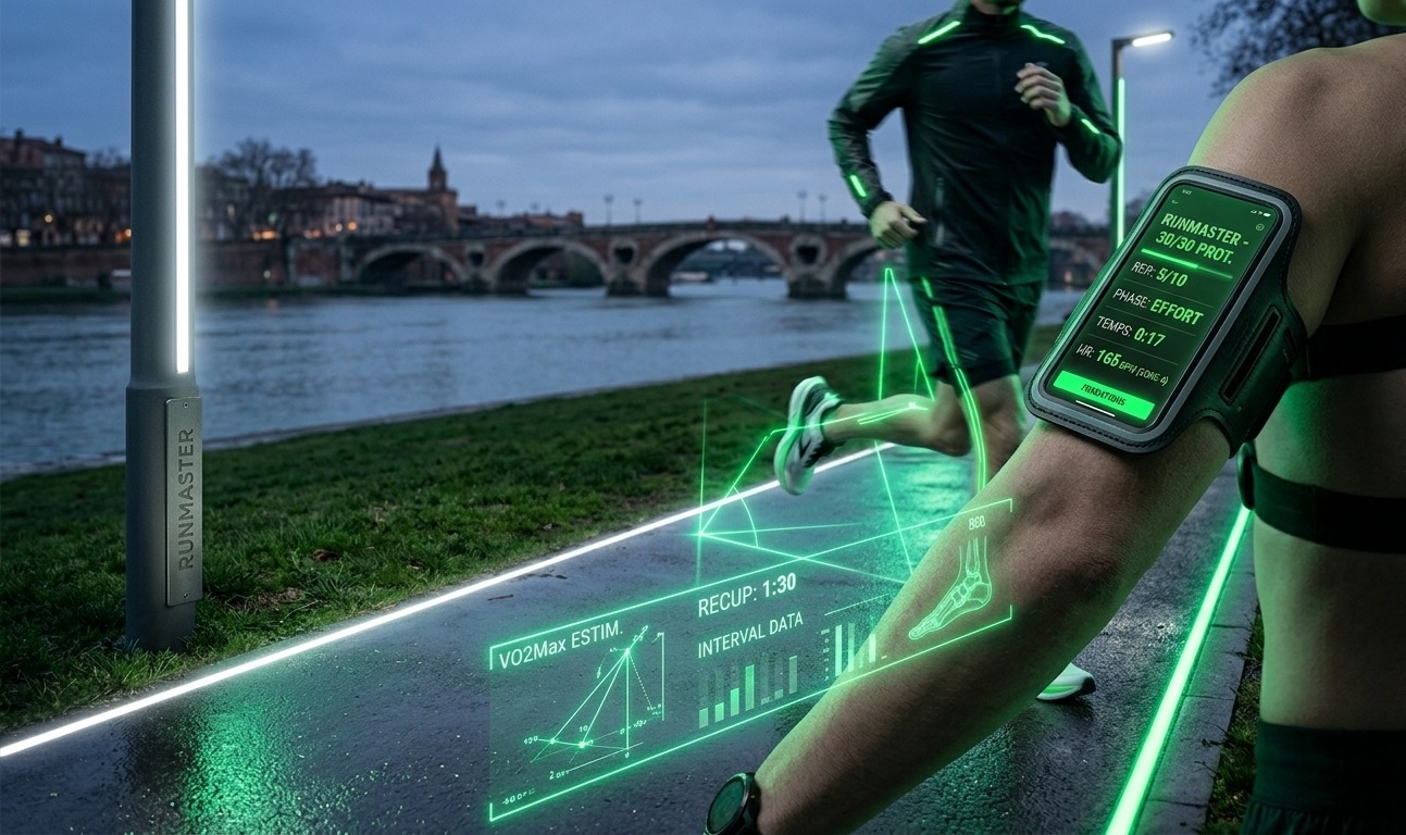 Gros plan sur un brassard de sport équipé d'un smartphone affichant une séance de fractionné 30/30 en Vert Électrique