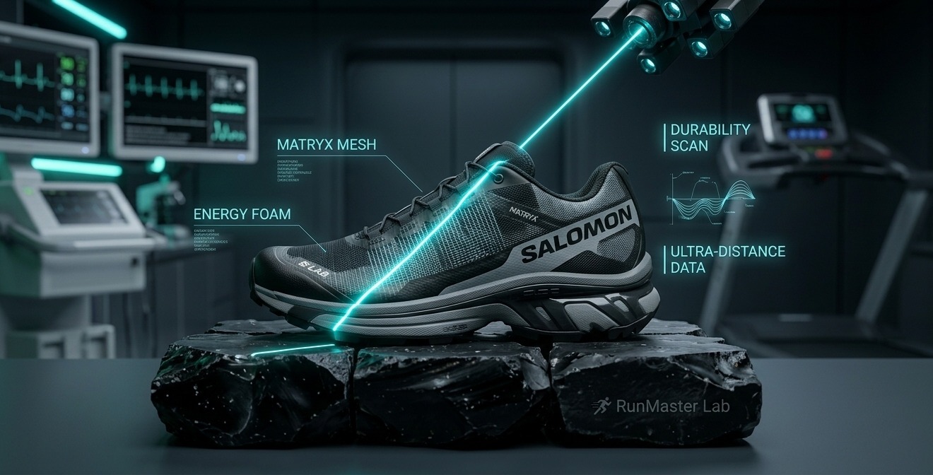 Analyse technique de la Salomon S-Lab Genesis avec lumière néon scan, posée sur de la roche volcanique dans le labo RunMaster Lab