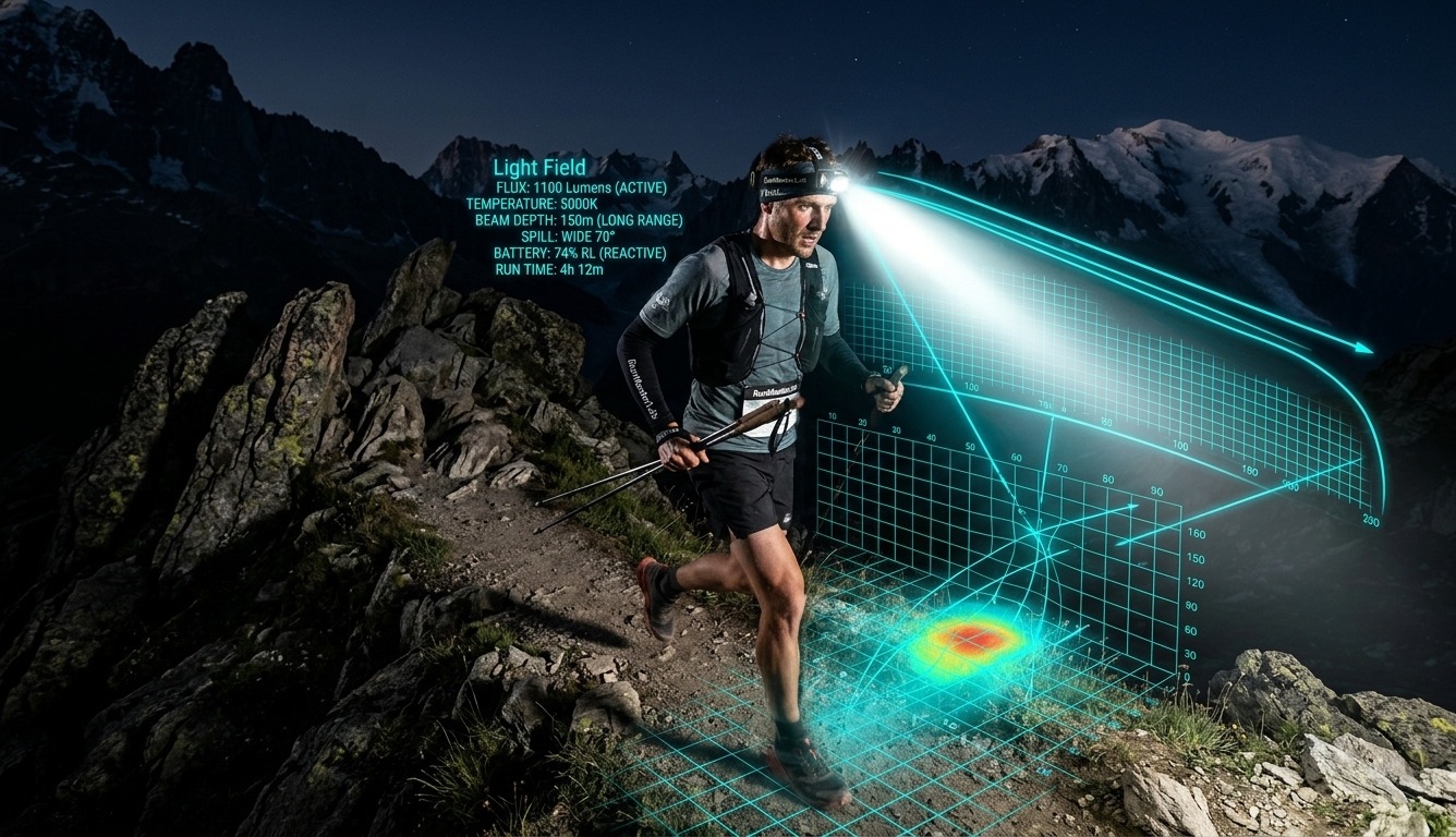 Test de puissance d'une lampe frontale 1000 lumens au RunMaster Lab, faisceau lumineux sur sentier technique de nuit