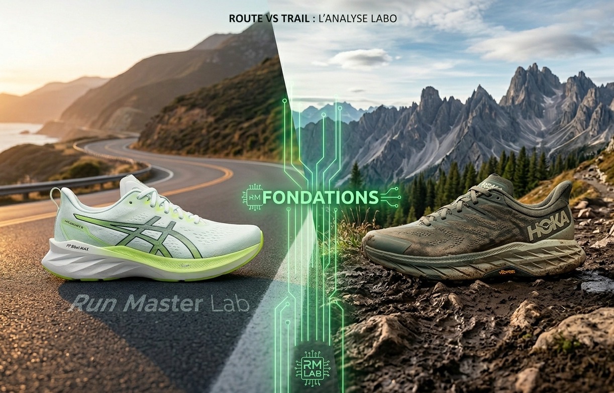 Une image d'en-tête de site web divisée verticalement par une ligne néon verte lumineuse portant l'inscription "FONDATIONS" et "Run Master Lab". Sur la gauche, sous un texte "ROUTE", une chaussure de running Asics Novablast blanche et vert fluo est posée sur une route goudronnée côtière au coucher du soleil. Sur la droite, sous un texte "TRAIL", une chaussure de trail Hoka Speedgoat marron est posée sur un sentier de montagne rocailleux et escarpé.