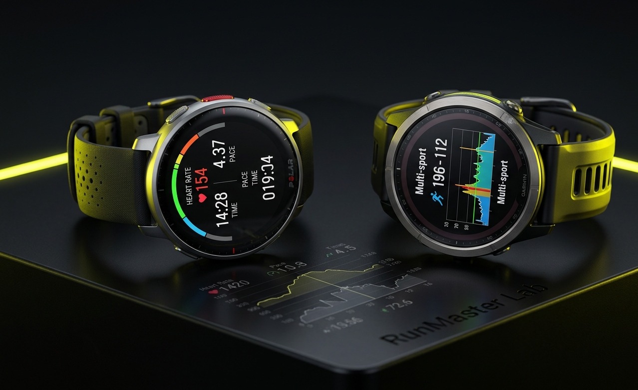 Comparatif montres GPS running : Polar Vantage V3 et Garmin Forerunner 970 côte à côte sur surface noire, benchmark VO2max et récupération nocturne par RunMaster Lab