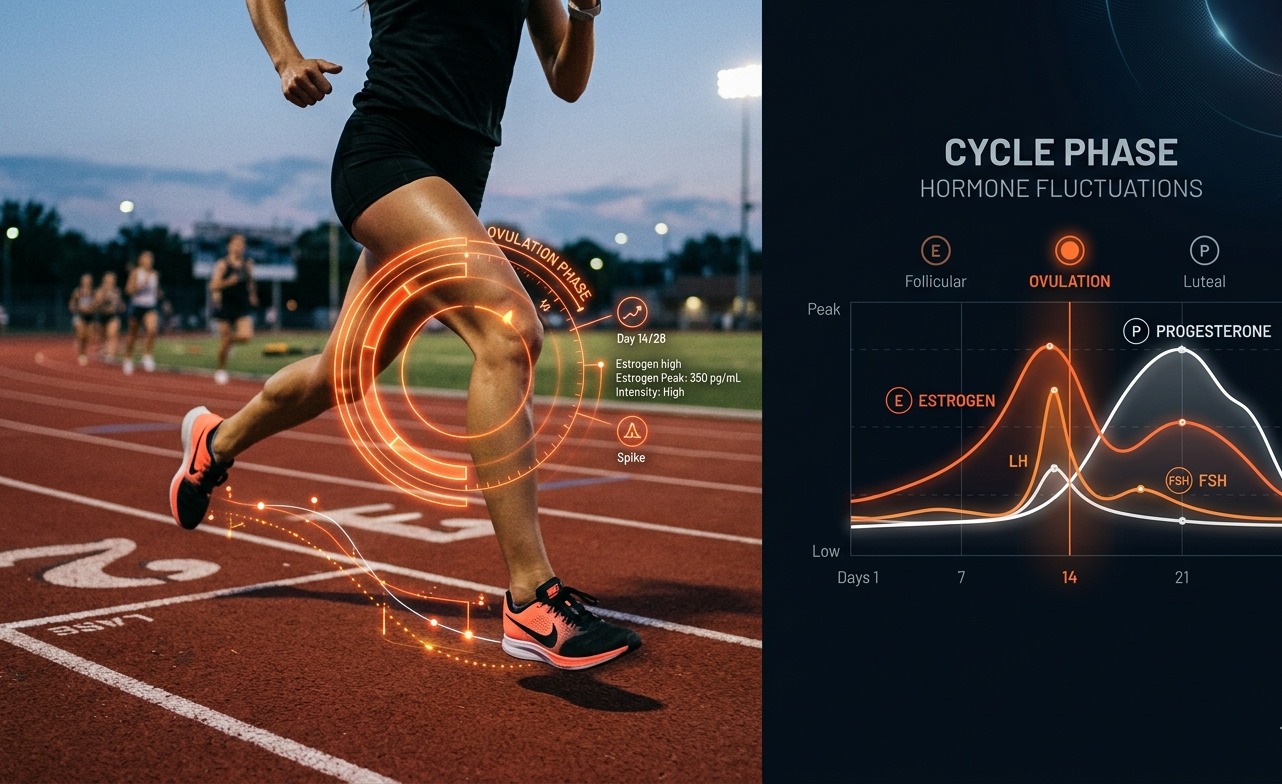 Composition d'image coupée en deux. À gauche, une vue rapprochée en extérieur des jambes d'une coureuse en plein élan sur une piste d'athlétisme rouge, avec une interface graphique lumineuse orange néon superposée sur son genou indiquant « Ovulation Phase ». À droite, sur un fond sombre, un graphique stylisé moderne affiche les courbes des fluctuations hormonales (Estrogène et Progestérone) sur un cycle de 28 jours, dans les tons orange et blanc.