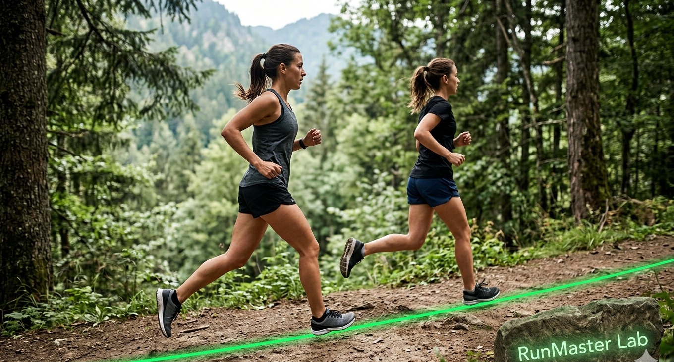Une photographie réaliste de deux femmes courant de profil sur un sentier forestier escarpé. Elles portent des tenues de sport sombres et des chaussures de running grises. Une ligne lumineuse vert néon suit le tracé du sol sous leurs pieds, symbolisant la vitesse et la technologie. Au premier plan à droite, une pierre massive porte l'inscription "RunMaster Lab", gravée et illuminée d'un éclat vert discret. L'arrière-plan boisé est légèrement flou, renforçant la sensation de mouvement.
