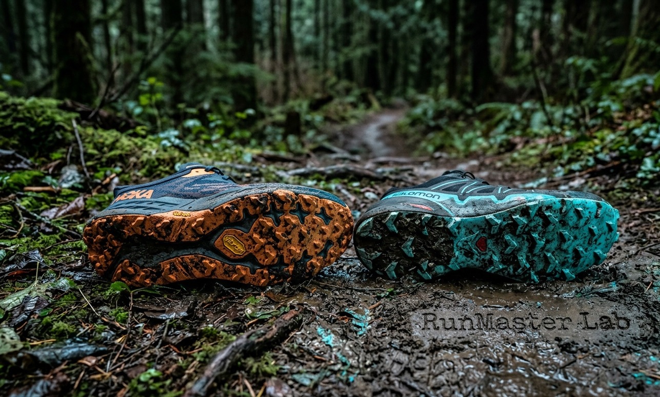 Gros plan sur les semelles Vibram et Contagrip de chaussures de trail Hoka et Salomon sur un sentier forestier humide, illustrant l'analyse technique RunMaster Lab.