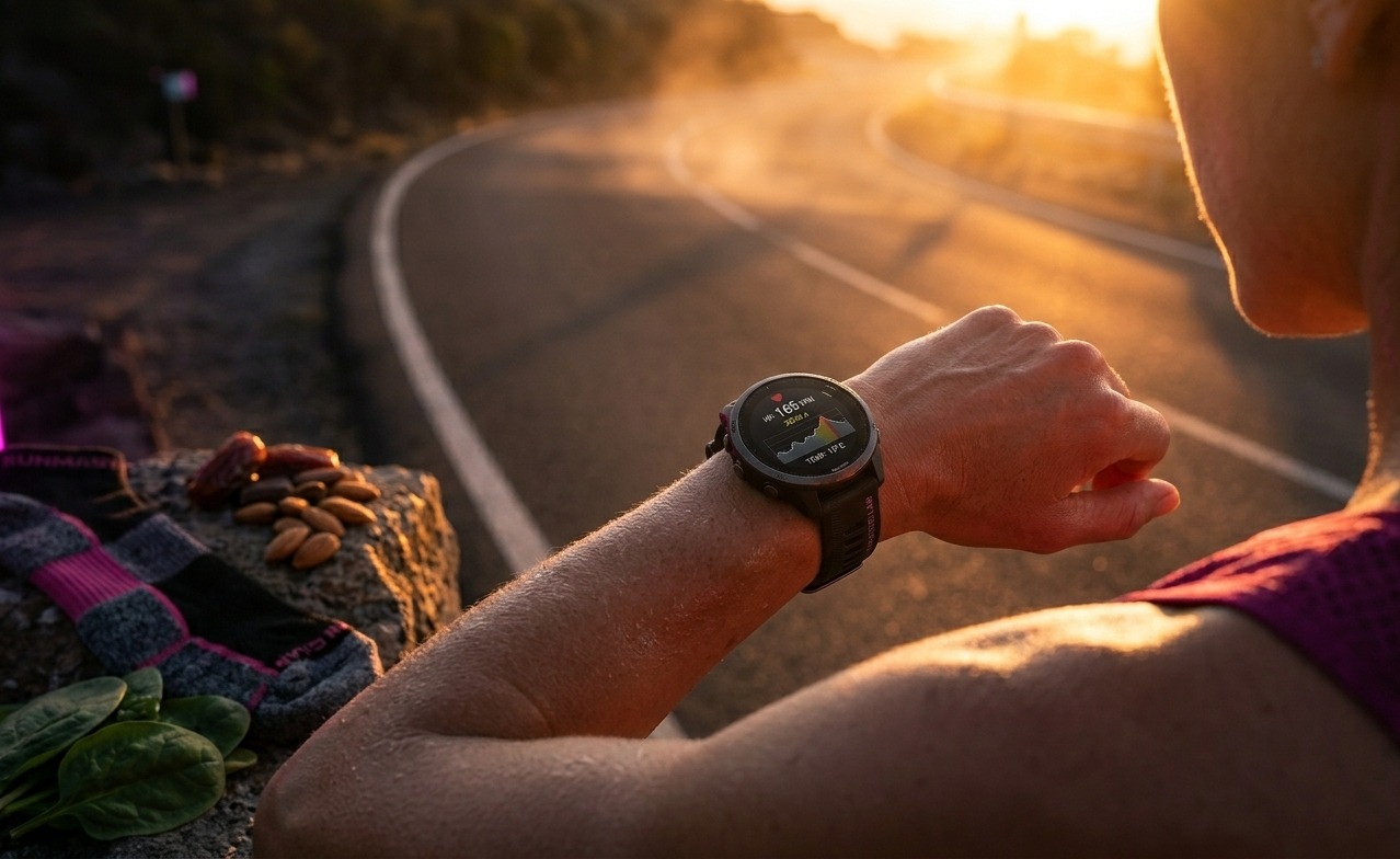 Coureur par temps de canicule avec montre GPS suivi FC et données température — RunMaster Lab