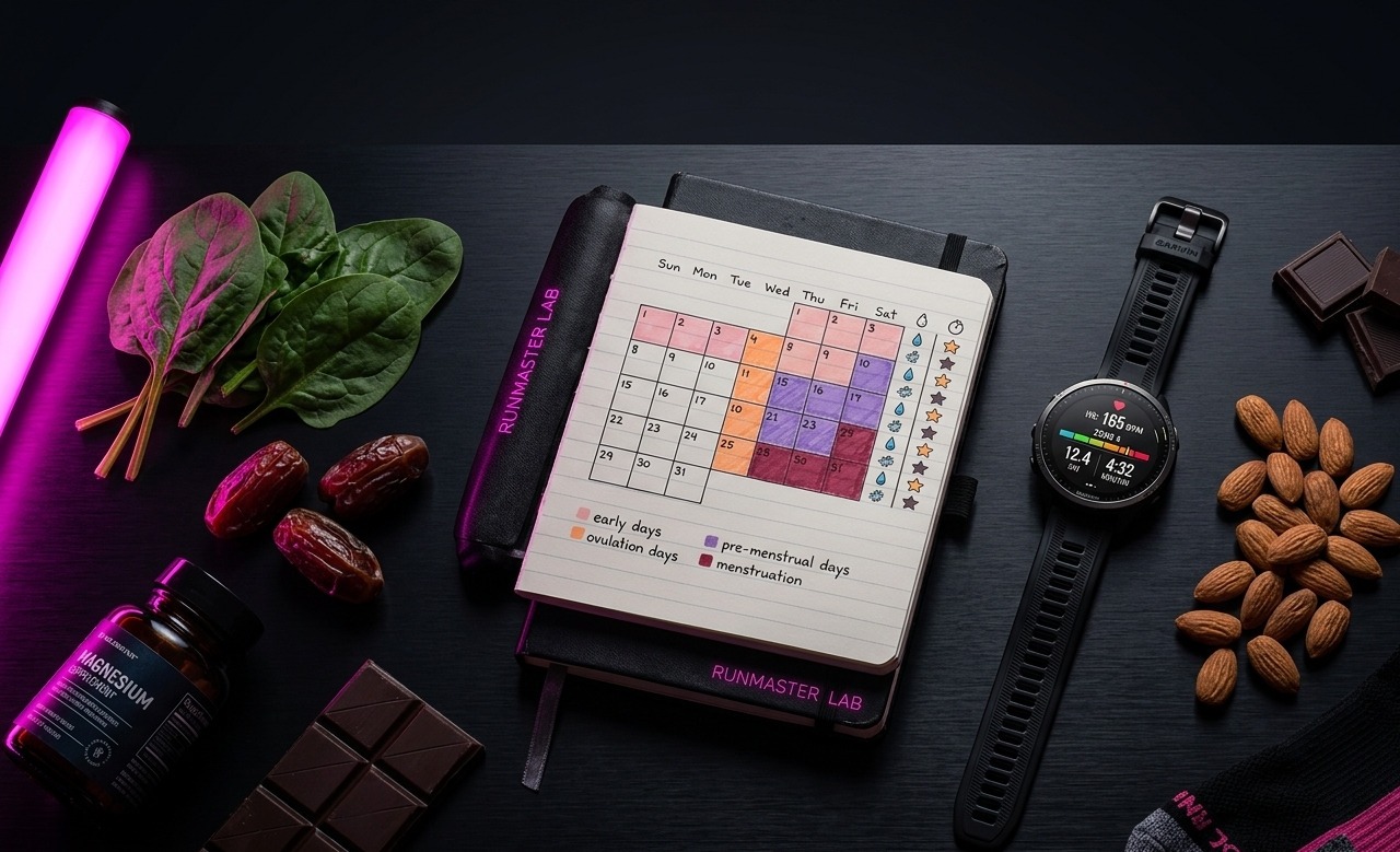 Flat lay nutrition running féminin : calendrier de cycle, compléments et aliments clés sous éclairage néon rose — RunMaster Lab