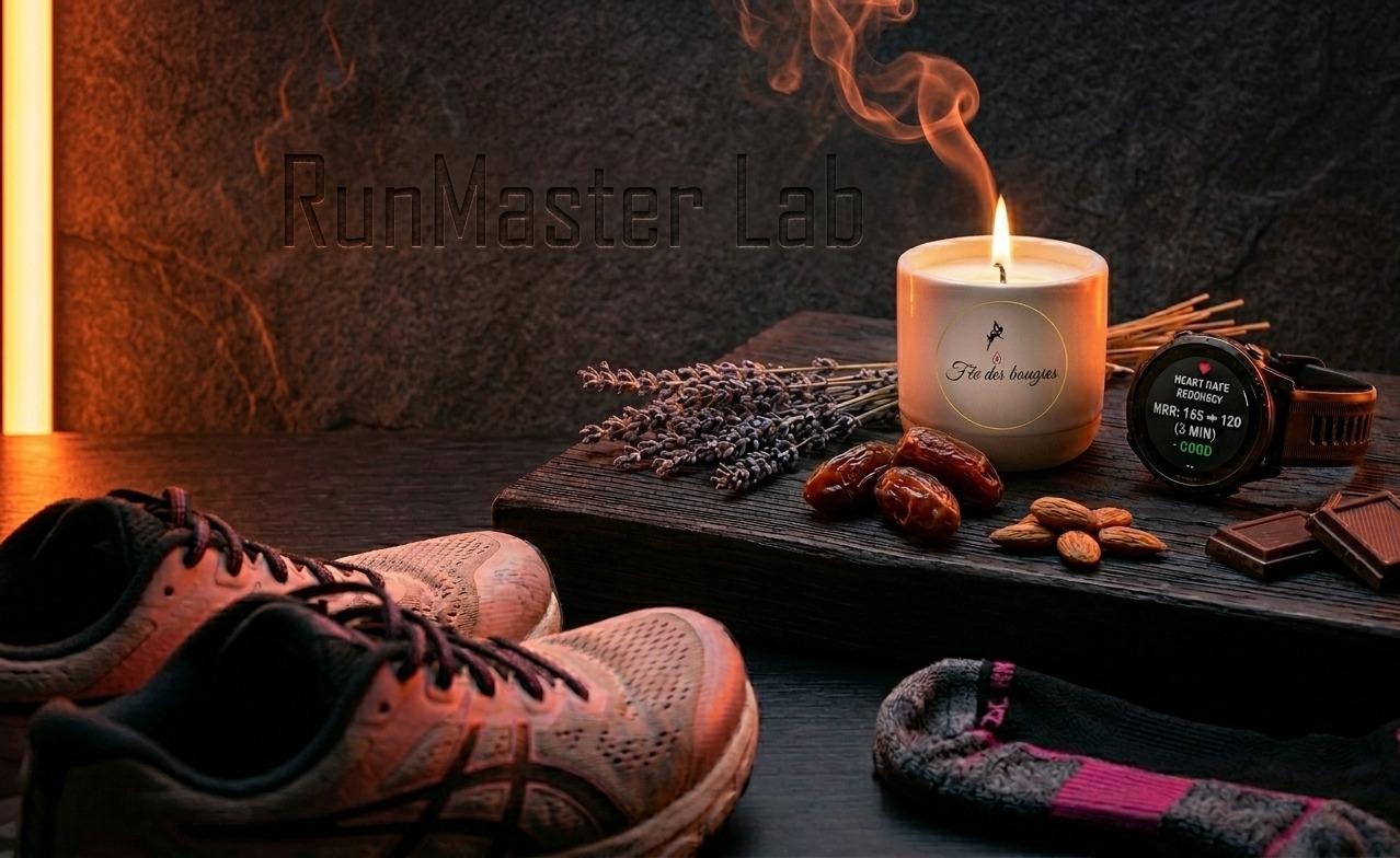 Récupération post-course : bougie Fée des Bougies, lavande, montre GPS et nutrition — RunMaster Lab