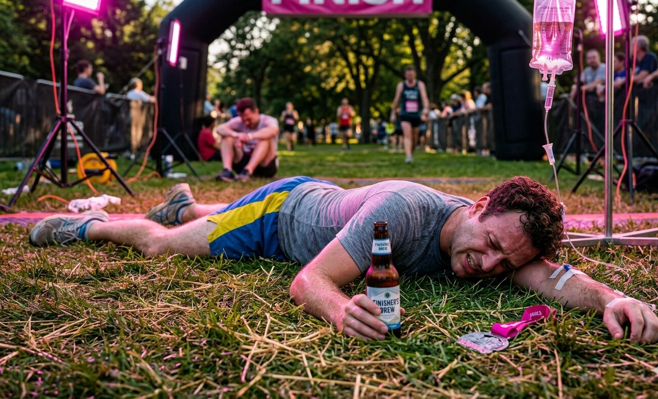 Runner allongé après course tenant bière et perfusion d'électrolytes roses - Dilemme récupération sportive et alcool