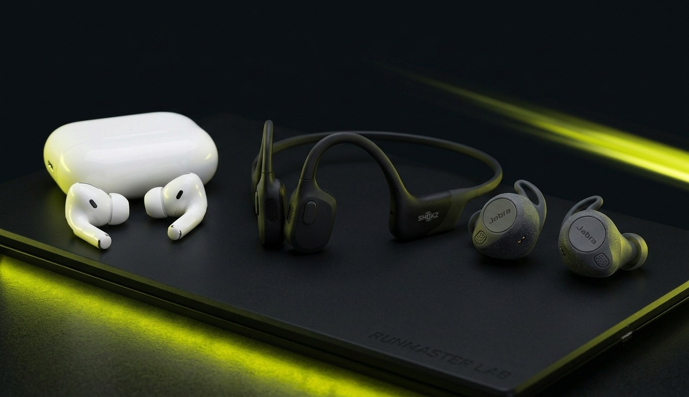 Écouteurs de running Apple, Shokz et Jabra présentés côte à côte sur une surface noire RunMaster Lab.