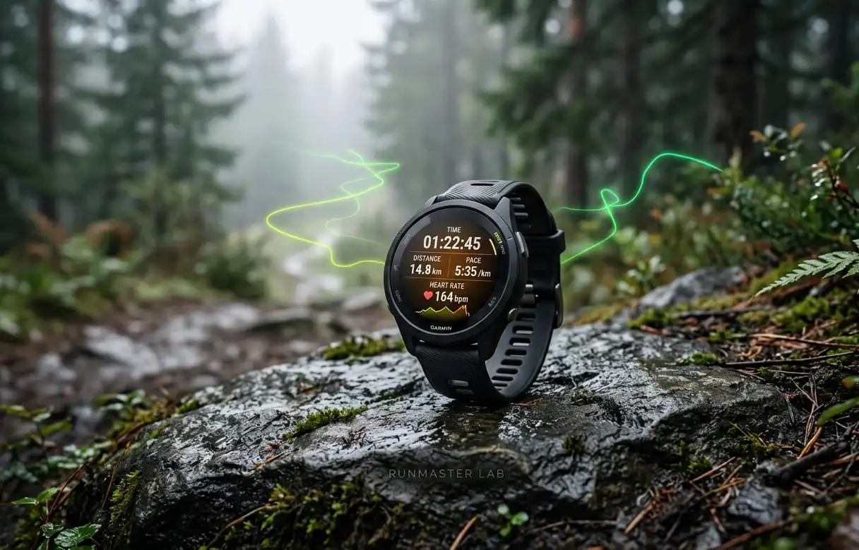 Une montre de sport Garmin Forerunner 265 noire affichant des données de course (temps, distance, allure, fréquence cardiaque) posée sur une roche moussue et humide dans une forêt brumeuse. Des lignes lumineuses vertes sinueuses stylisent un tracé GPS en arrière-plan. L'inscription discrète « RUNMASTER LAB » est gravée sur la roche.