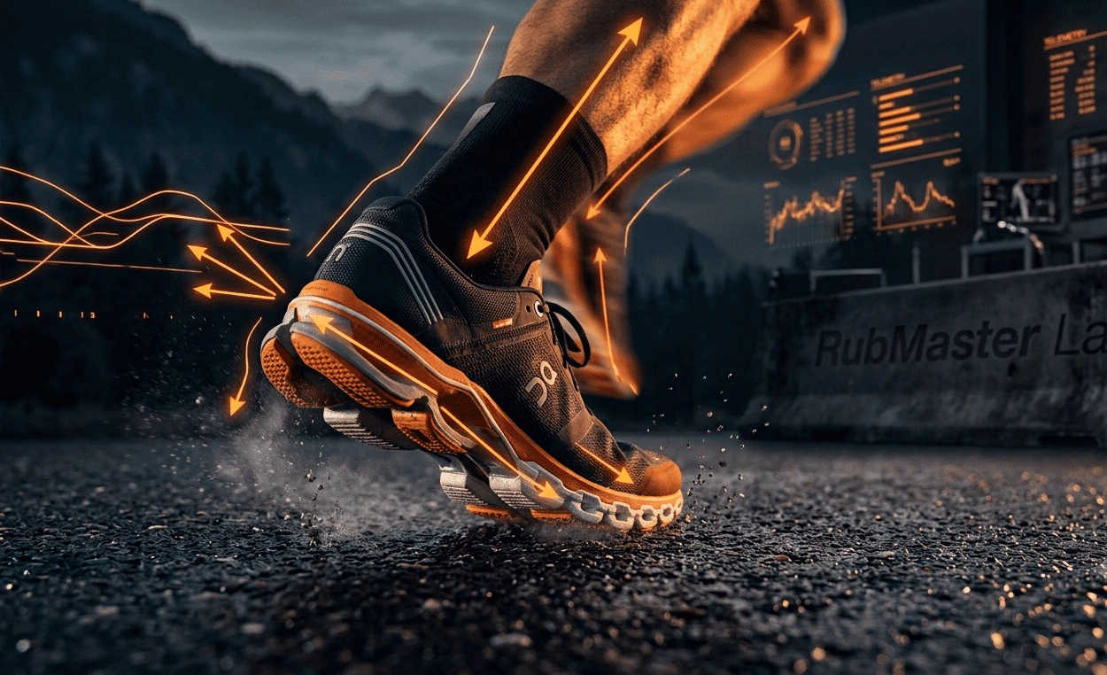Vue rapprochée à haute vitesse d'une chaussure de running lors de l'attaque par le talon avec données de force et télémétrie biomécanique.