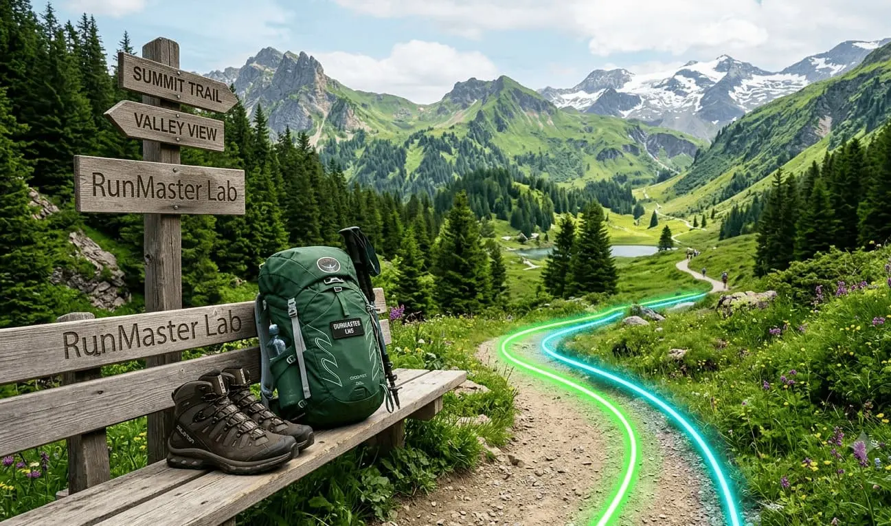 Équipement de randonnée pour débutant avec sac à dos et chaussures sur un sentier en montagne, certifié RunMaster Lab.