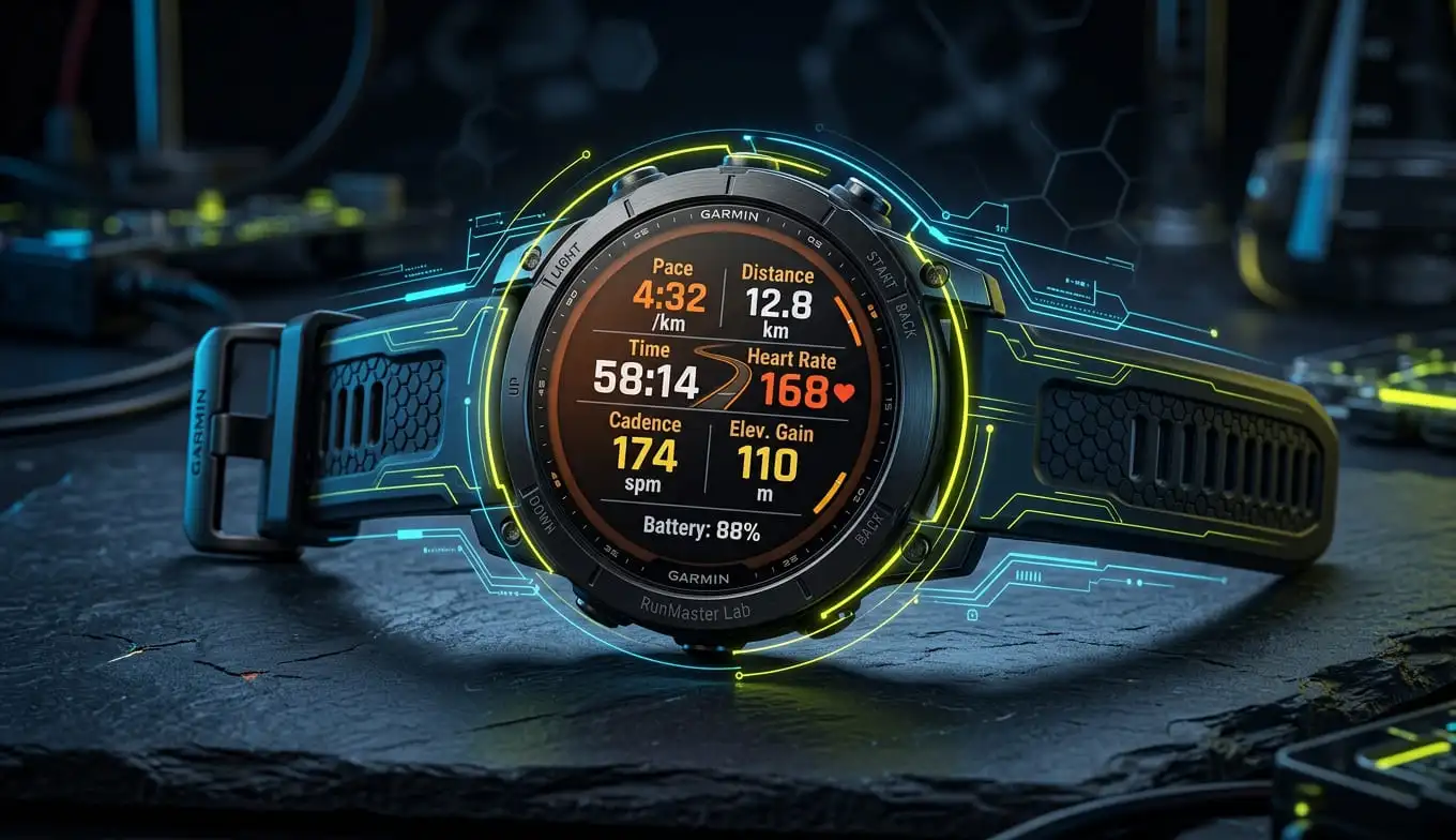 Montre GPS Garmin Fenix 9 Pro en titane avec écran AMOLED lumineux et métriques de course, présentée dans le Labo Tech de RunMaster Lab.