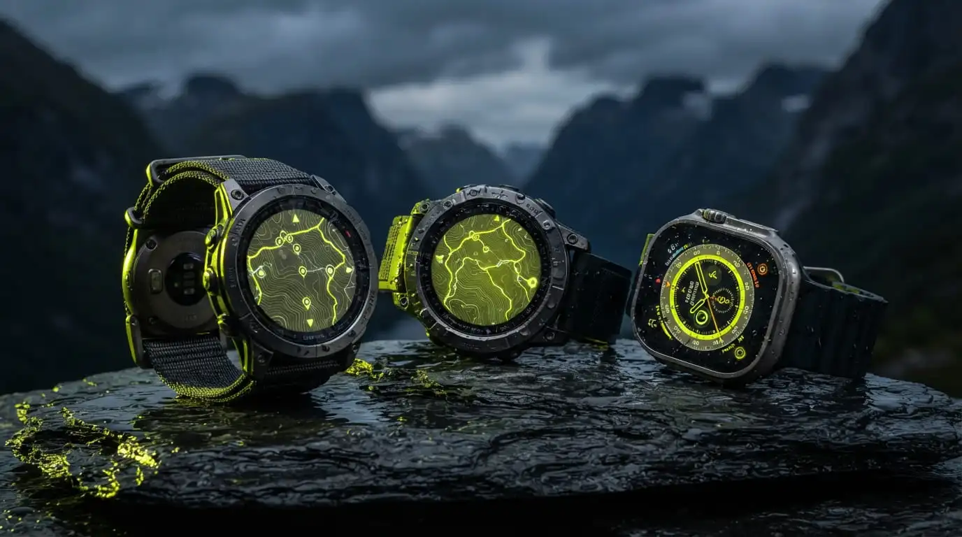 Comparatif des montres outdoor en titane Garmin Fenix 9, Fenix 8 et Apple Watch Ultra 3 posées sur une surface sombre en verre réfléchissant.